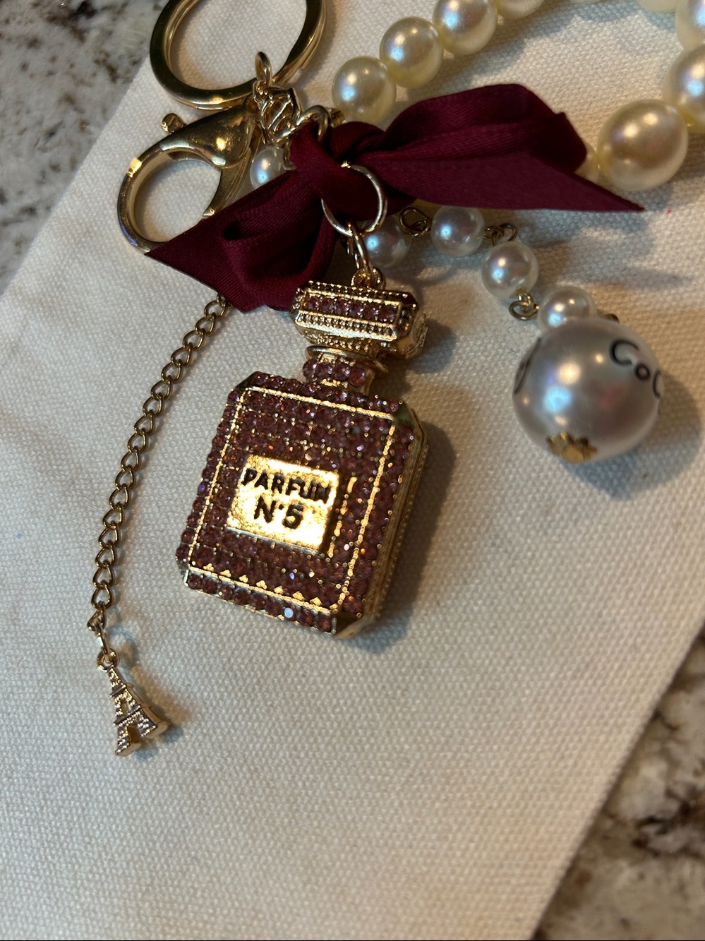 Pearl Bead Key & Card Holder with Burgundy Bow and Gold Hardware - Picture 3 of 5